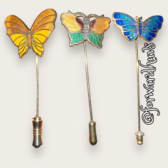 Three (3) Vintage Butterfly Stick Pins / Hat Pins - (1 ) Napier - Picture 1 of 9